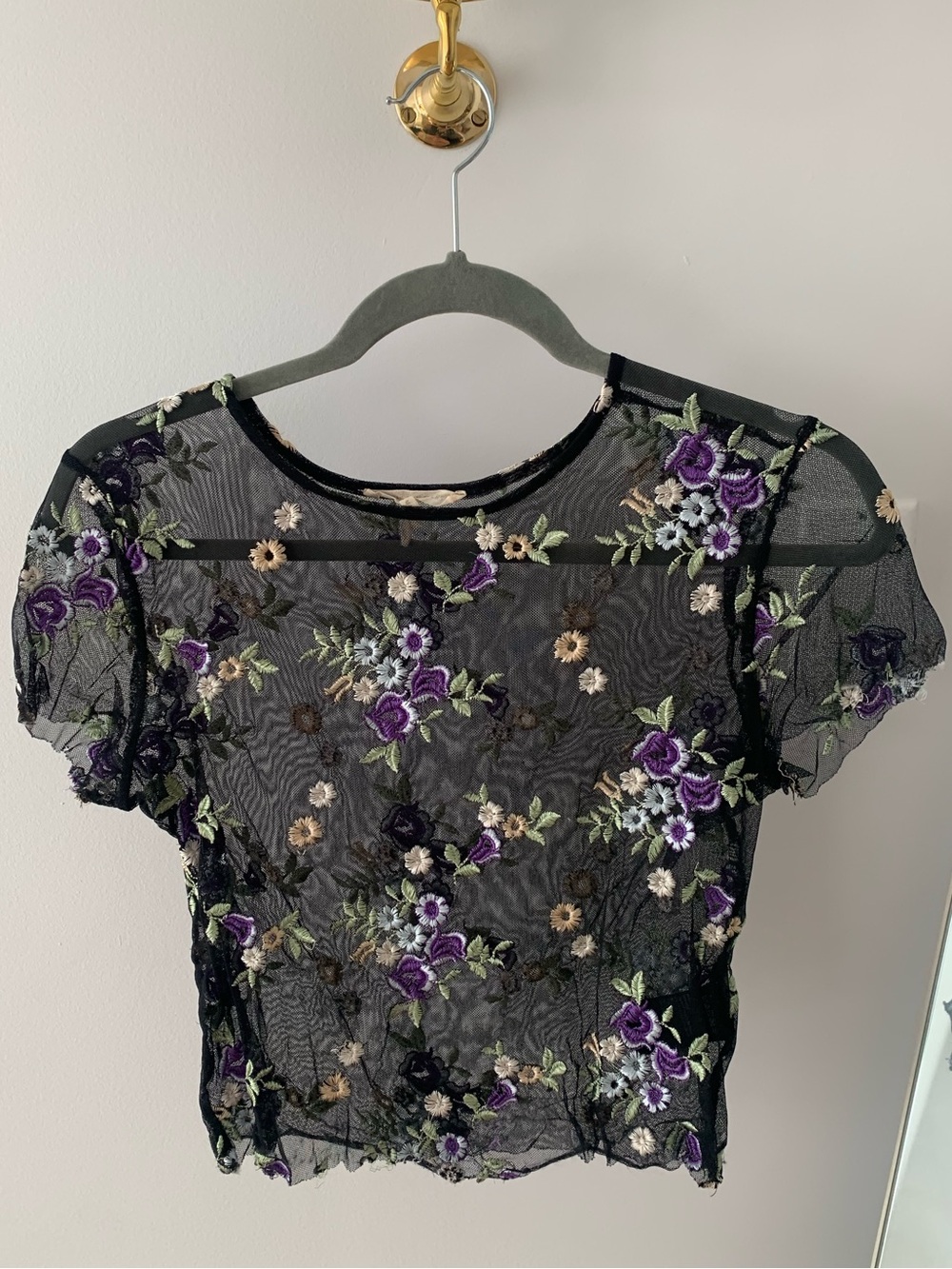 Urban Outfitters Black Sheer Floral Embroidered Crop Top
